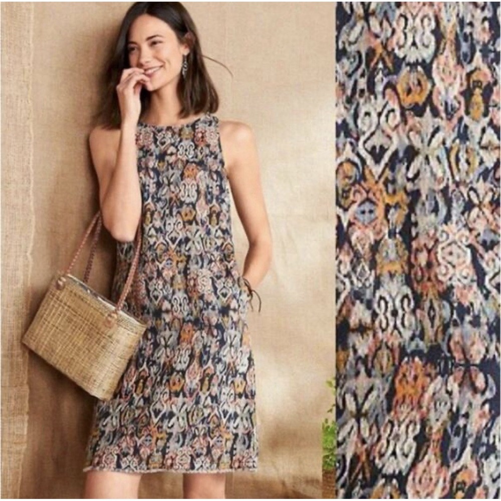Garnet Hill Linen Dress Size 2 Fringe Hem A-Line Ikat Print Weave Aztec Batik
